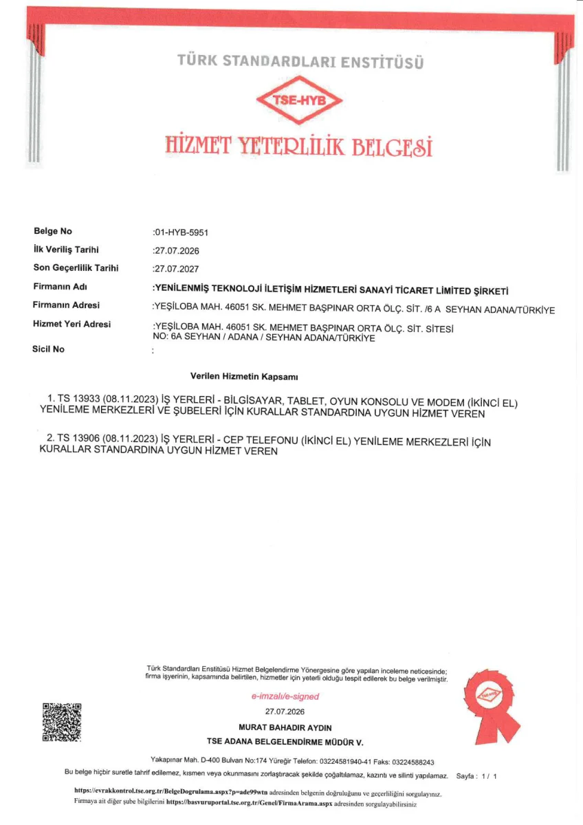 Türk Standardları Enstitüsü TSE Hizmet Yeterlilik Belgesi (TSE-HYB)
